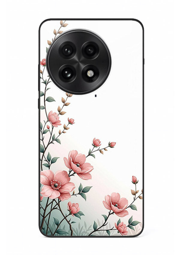 Pink vertical sprig artwork on OnePlus 13 glass back cover with delicate botanical tones.