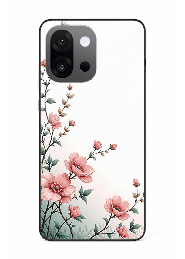 Pink vertical sprig artwork on OnePlus 13s glass back cover with delicate botanical tones.