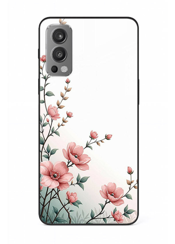 Pink vertical sprig artwork on OnePlus Nord 2 glass back cover with delicate botanical tones.