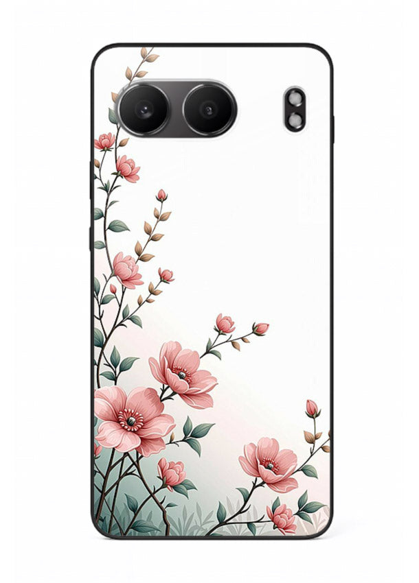 Pink vertical sprig artwork on OnePlus Nord 4 glass back cover with delicate botanical tones.