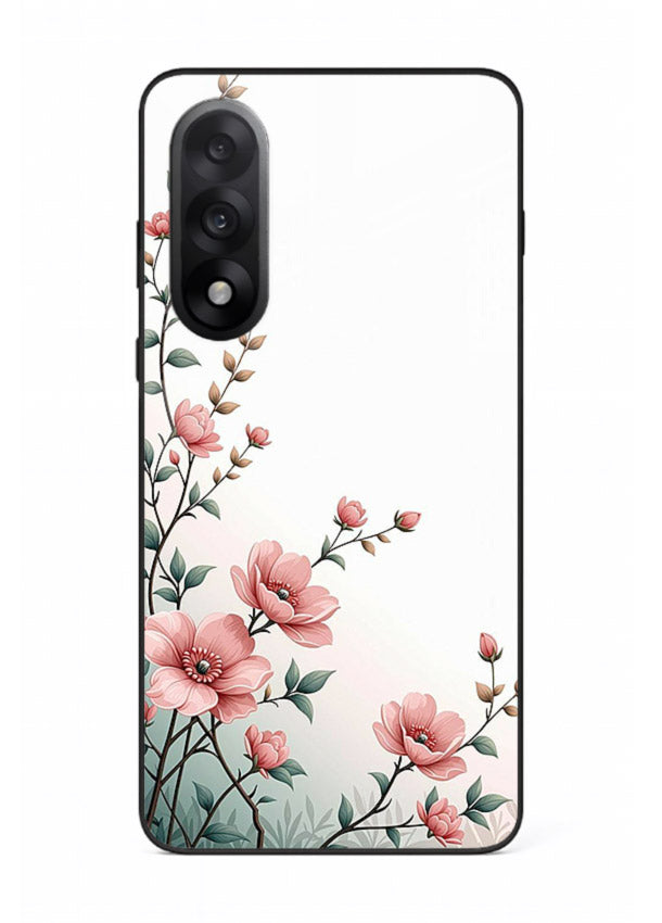 Pink vertical sprig artwork on OnePlus Nord 5 glass back cover with delicate botanical tones.