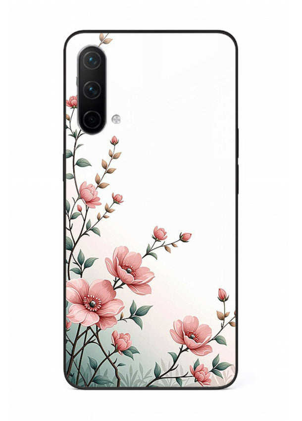 Pink vertical sprig artwork on OnePlus Nord CE 5G glass back cover with delicate botanical tones.