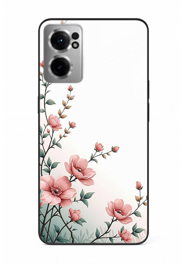 Pink vertical sprig artwork on OnePlus Nord CE2 5G glass back cover with delicate botanical tones.
