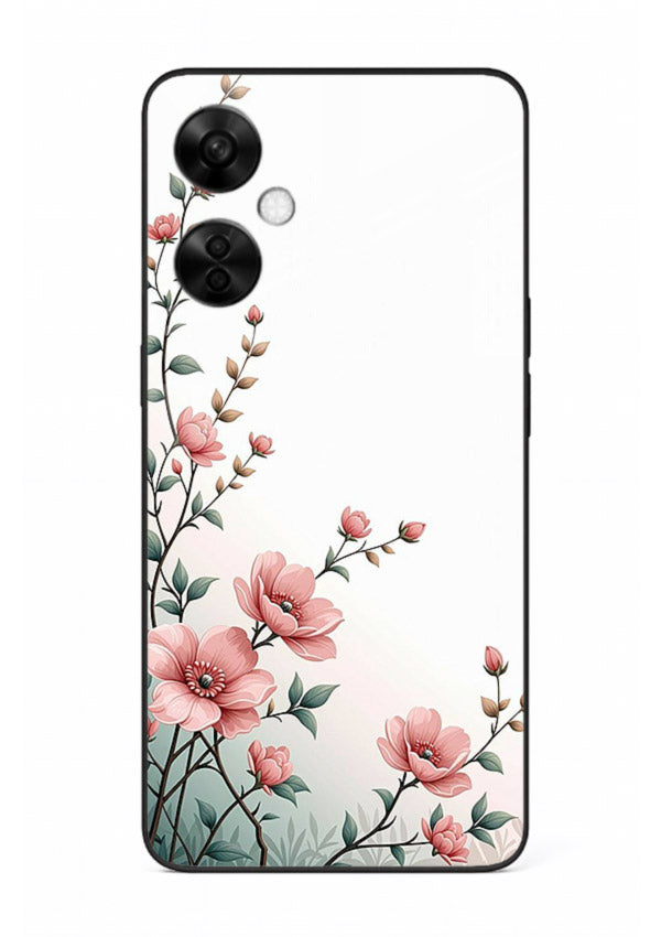 Pink vertical sprig artwork on OnePlus Nord CE3 Lite glass back cover with delicate botanical tones.
