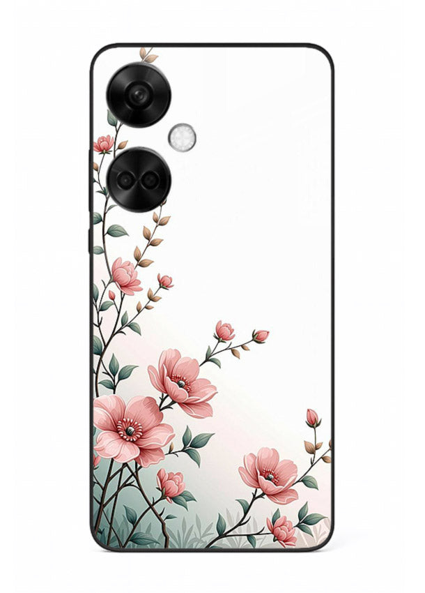 Pink vertical sprig artwork on OnePlus Nord CE3 glass back cover with delicate botanical tones.