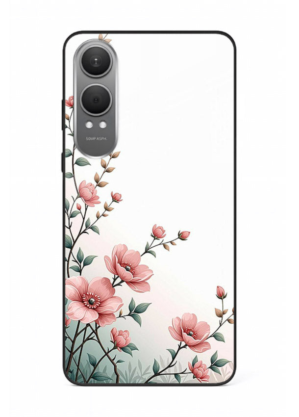 Pink vertical sprig artwork on OnePlus Nord CE4 Lite glass back cover with delicate botanical tones.