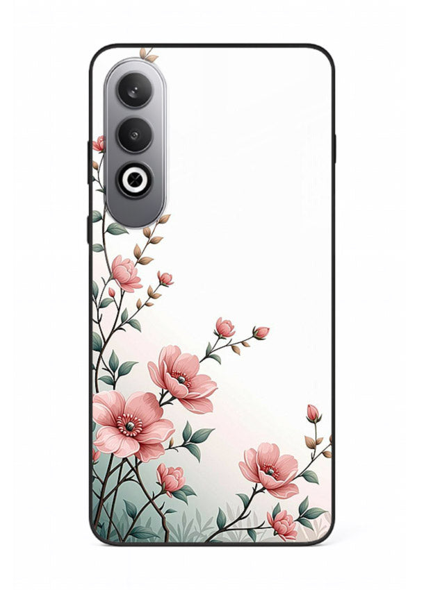 Pink vertical sprig artwork on OnePlus Nord CE4 glass back cover with delicate botanical tones.