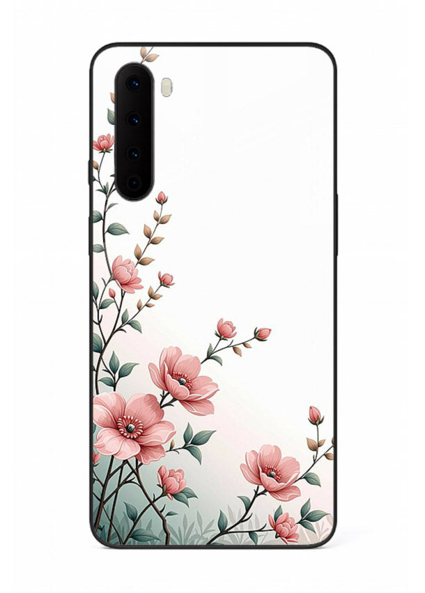 Pink vertical sprig artwork on OnePlus Nord glass back cover with delicate botanical tones.