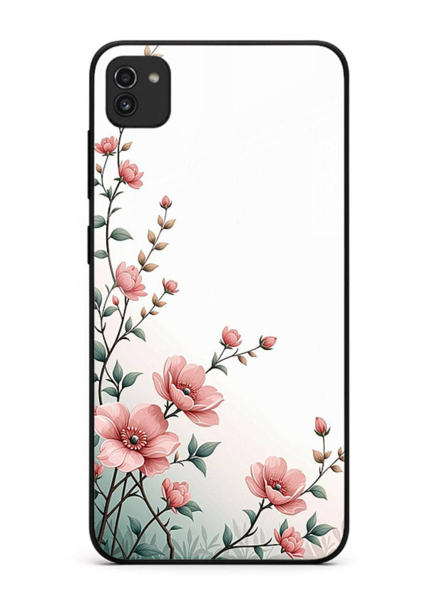 Pink vertical sprig artwork on Samsung A03 glass back cover with delicate botanical tones.