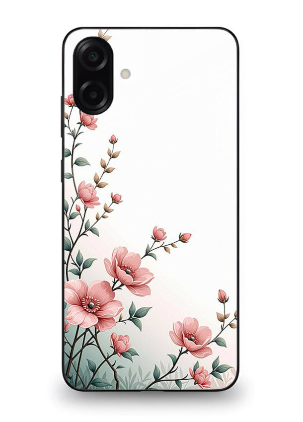 Pink vertical sprig artwork on Samsung A07 4G glass back cover with delicate botanical tones.