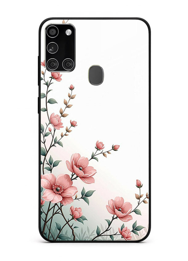 Pink vertical sprig artwork on Samsung A21s glass back cover with delicate botanical tones.