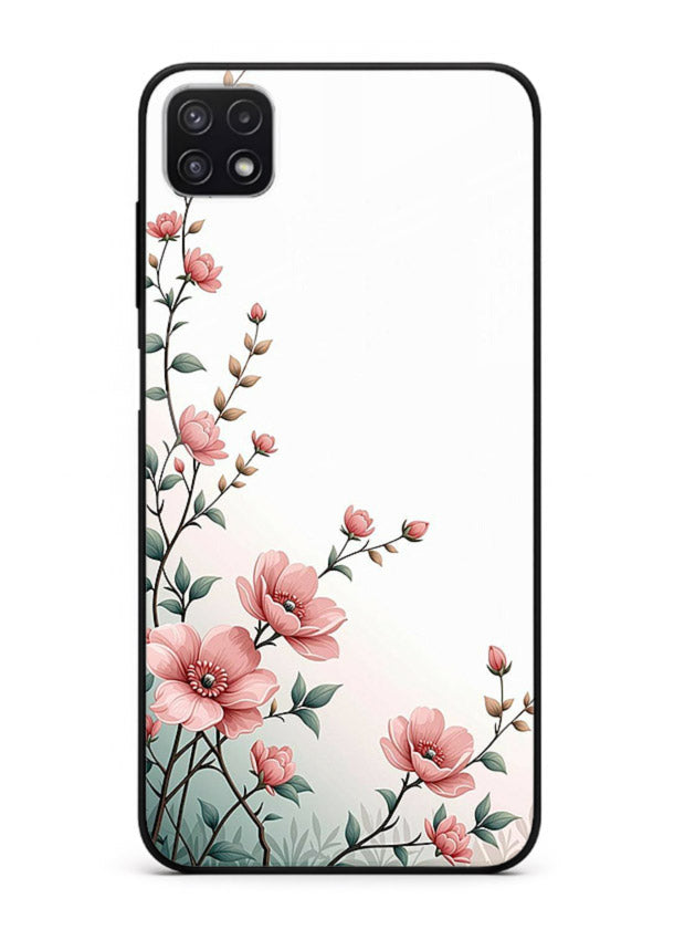 Pink vertical sprig artwork on Samsung F42 5G glass back cover with delicate botanical tones.