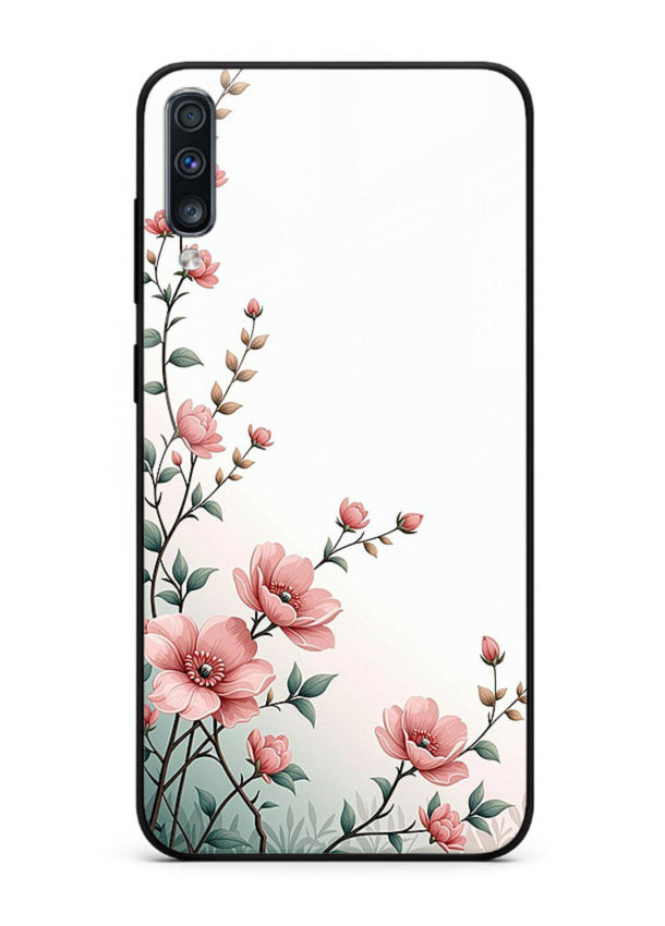 Pink vertical sprig artwork on Samsung A70 glass back cover with delicate botanical tones.