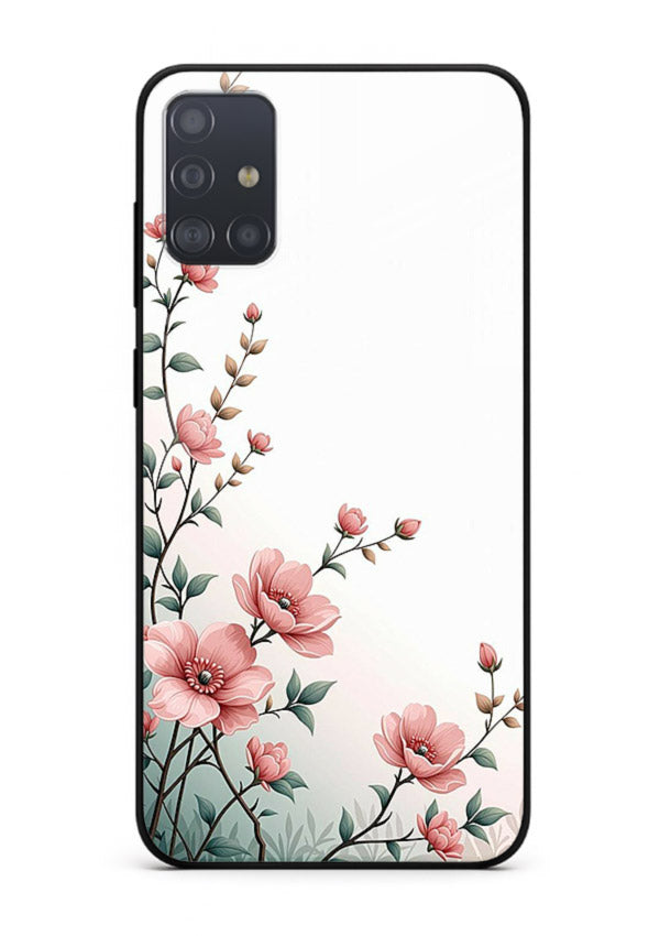 Pink vertical sprig artwork on Samsung A71 glass back cover with delicate botanical tones.