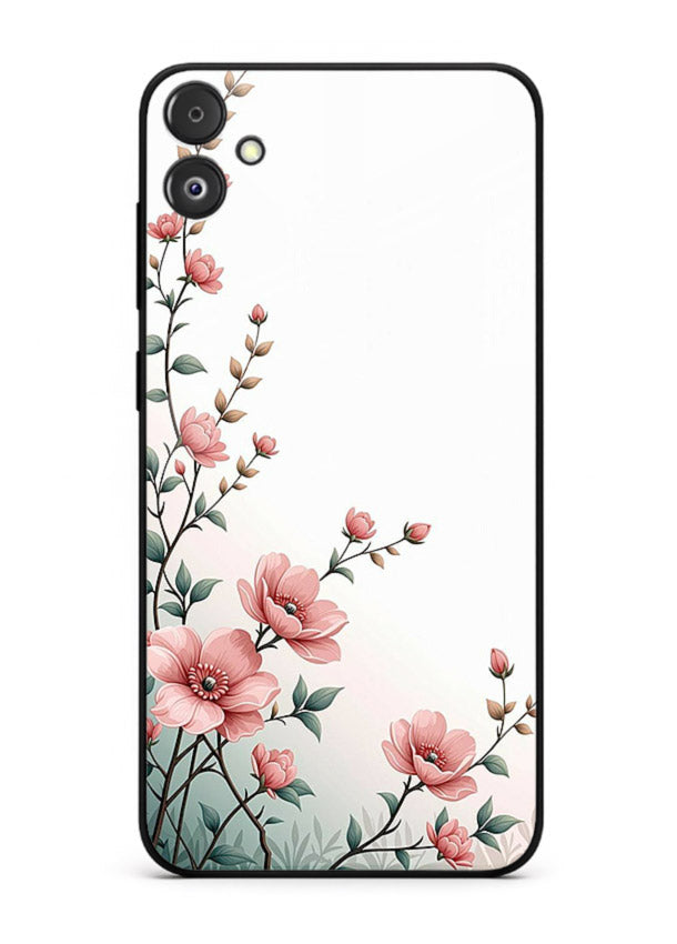Pink vertical sprig artwork on Samsung F14 5G glass back cover with delicate botanical tones.