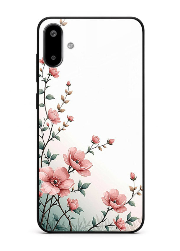 Pink vertical sprig artwork on Samsung F06 5G glass back cover with delicate botanical tones.