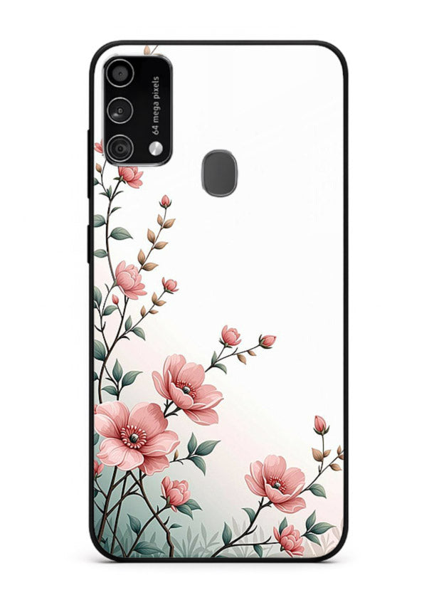 Pink vertical sprig artwork on Samsung F41 glass back cover with delicate botanical tones.