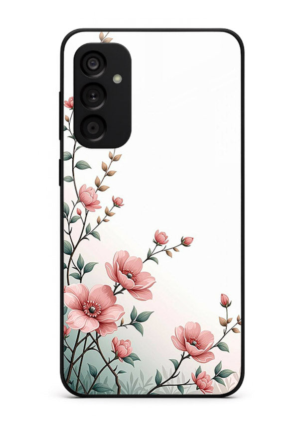 Pink vertical sprig artwork on Samsung M14 5G glass back cover with delicate botanical tones.