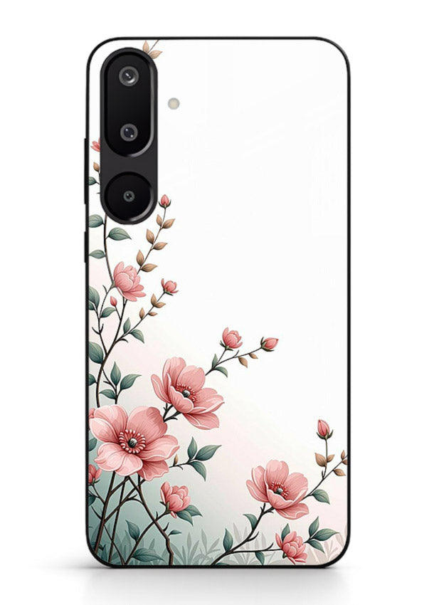 Pink vertical sprig artwork on Samsung F16 5G glass back cover with delicate botanical tones.