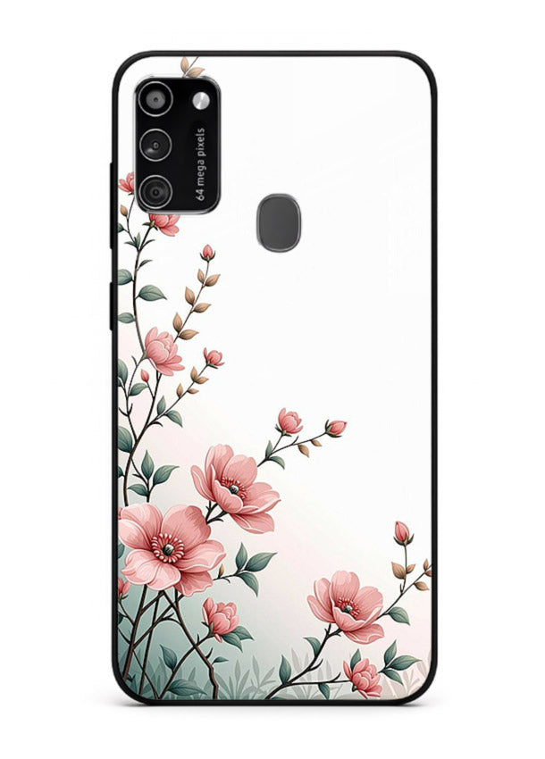 Pink vertical sprig artwork on Samsung M30s glass back cover with delicate botanical tones.