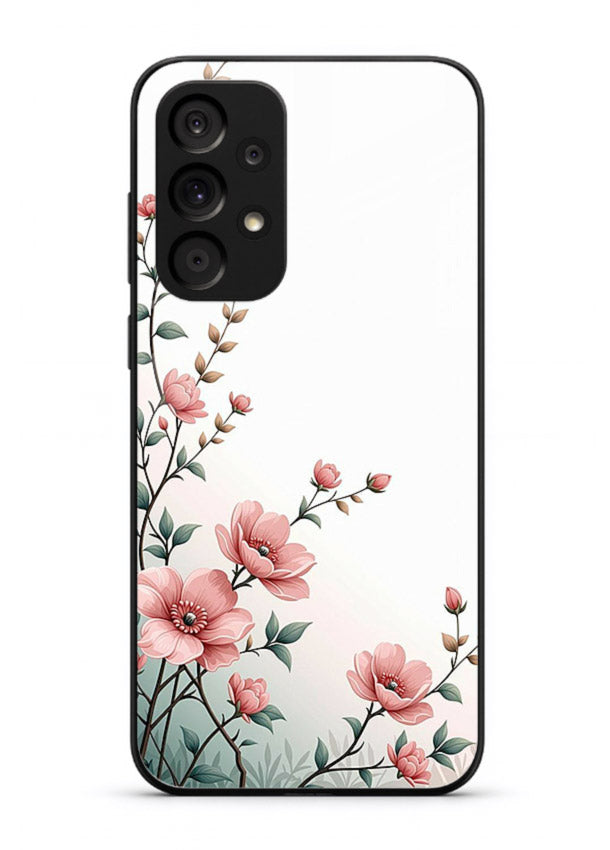 Pink vertical sprig artwork on Samsung A73 5G glass back cover with delicate botanical tones.