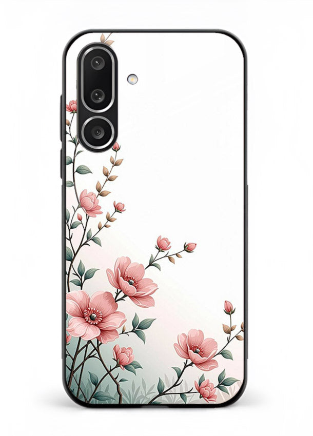Pink vertical sprig artwork on Samsung M56 5G glass back cover with delicate botanical tones.