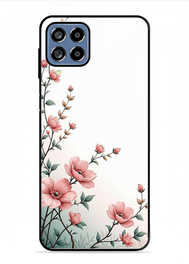Pink vertical sprig artwork on Samsung M53 5G glass back cover with delicate botanical tones.