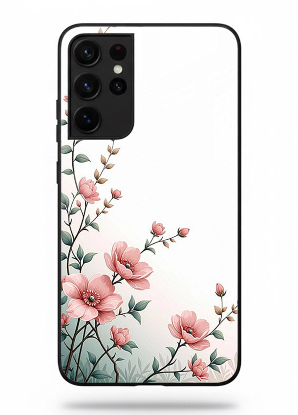 Pink vertical sprig artwork on Samsung S21 Ultra glass back cover with delicate botanical tones.