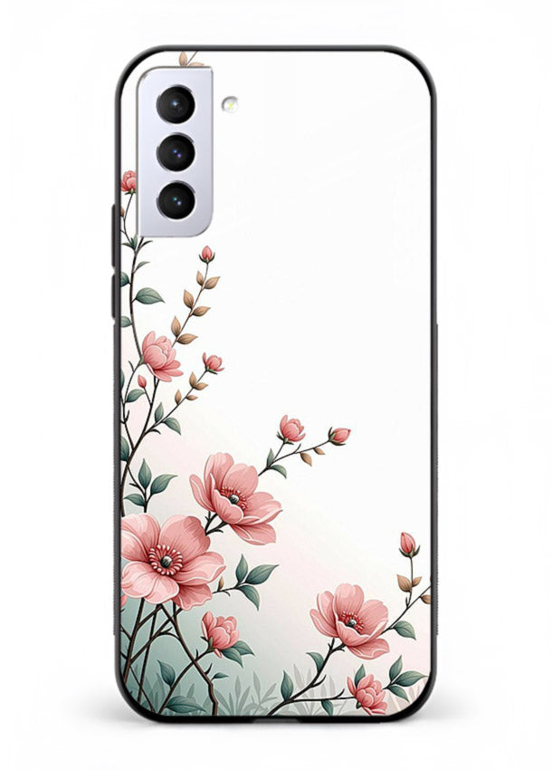 Pink vertical sprig artwork on Samsung S21 FE glass back cover with delicate botanical tones.