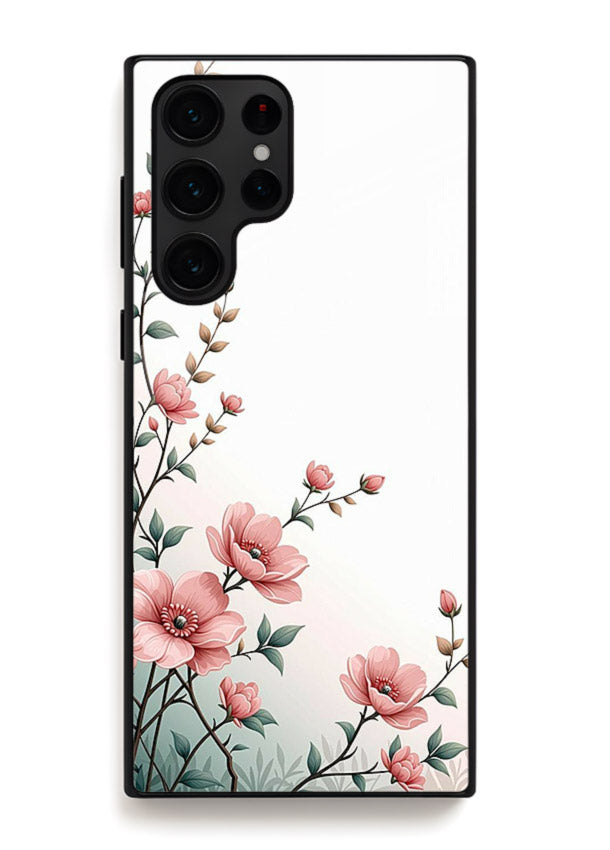 Pink vertical sprig artwork on Samsung S22 Ultra glass back cover with delicate botanical tones.