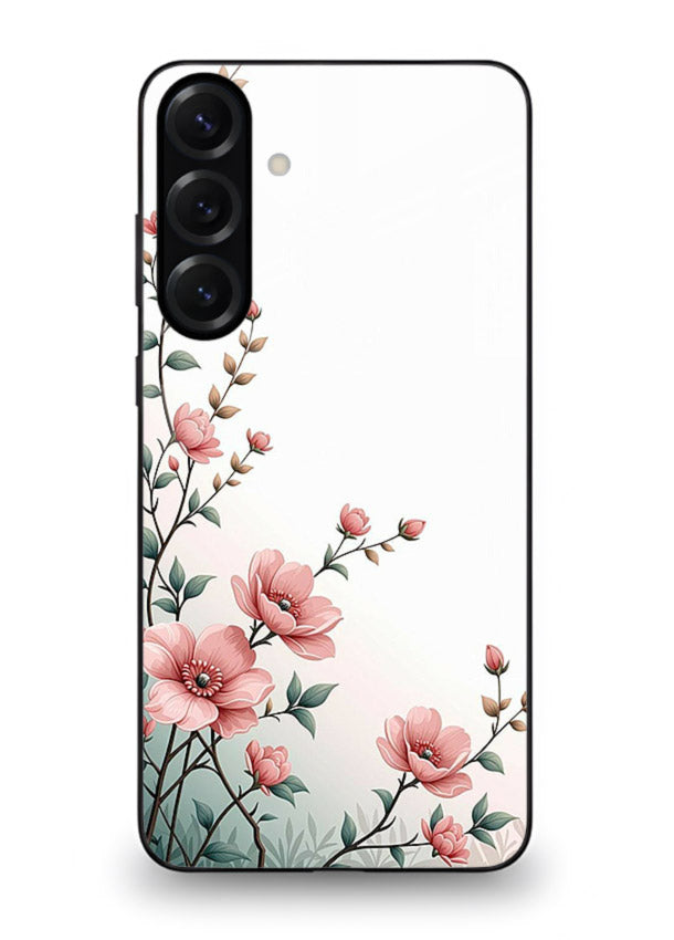 Pink vertical sprig artwork on Samsung M35 5G glass back cover with delicate botanical tones.