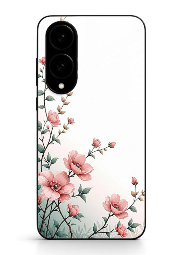 Pink vertical sprig artwork on Samsung S25 Edge glass back cover with delicate botanical tones.