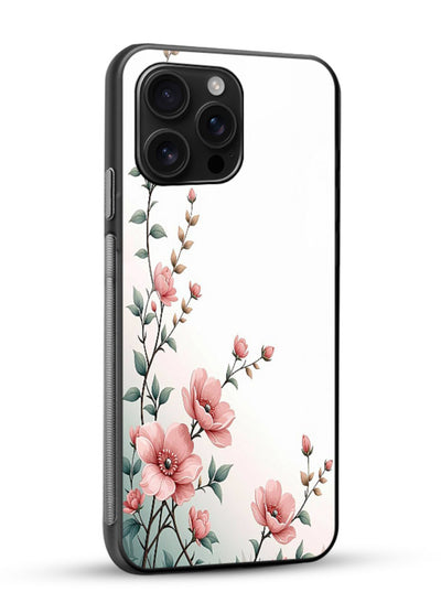 Pink vertical sprig artwork on glossy vibrant premium glass back cover with delicate botanical tones. - Angle Side