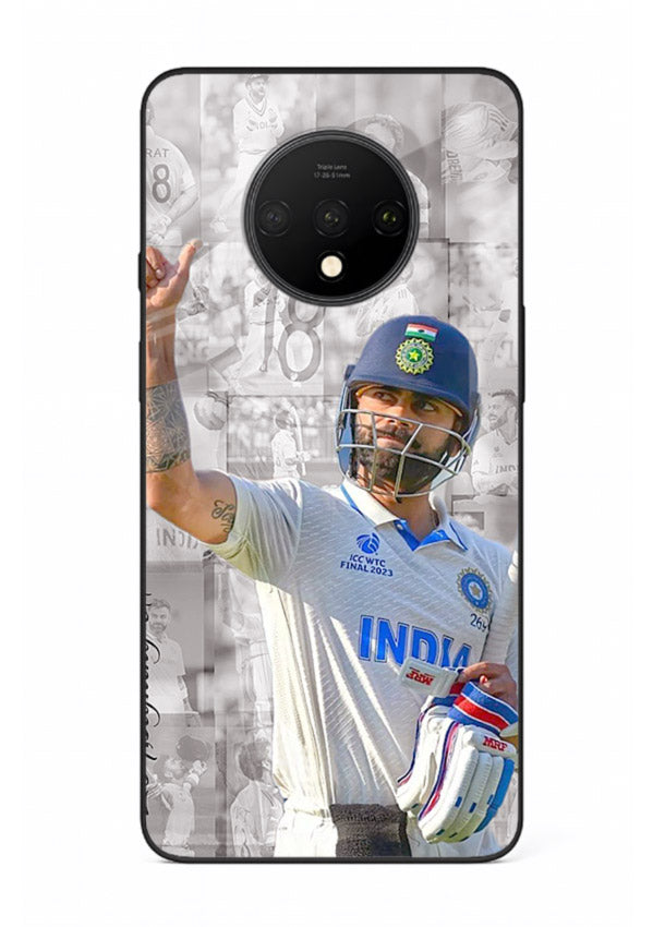 Cricket victory celebration artwork on glossy tempered glass OnePlus 7T back cover