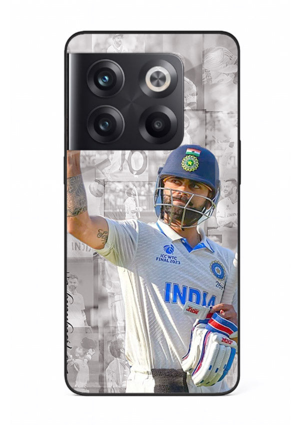 Cricket victory celebration artwork on glossy tempered glass OnePlus 10T back cover