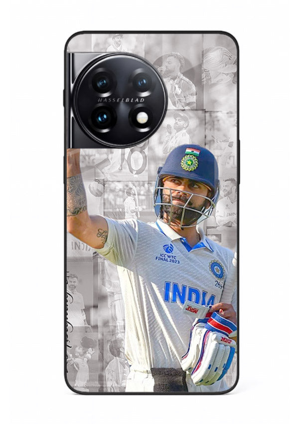 Cricket victory celebration artwork on glossy tempered glass OnePlus 11 back cover