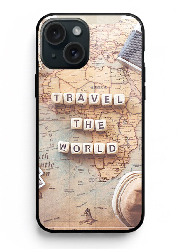 Vintage Travel Flatlay retro artwork iphone 15 plus glass back cover