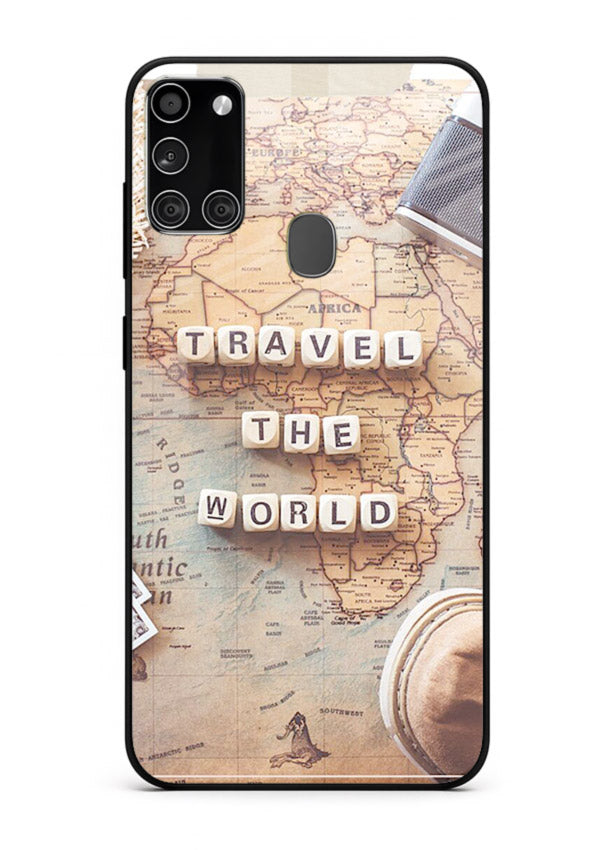 Vintage Travel Flatlay retro artwork Samsung A21s glass back cover