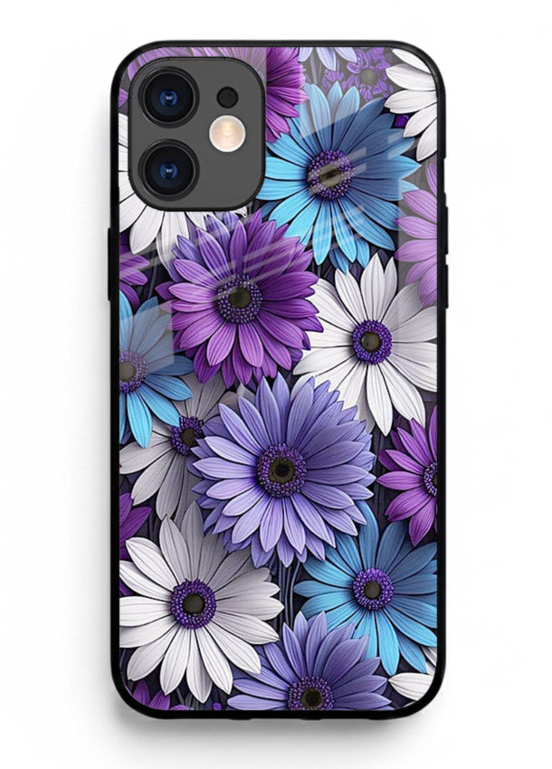 Violet daisy artwork on iphone 12 glass back cover with cool gentle floral tones.