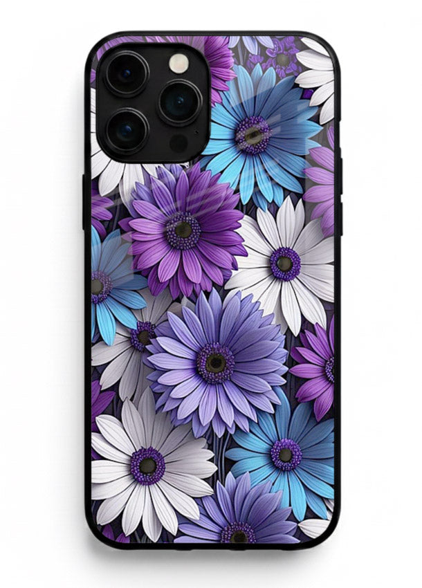Violet daisy artwork on iphone 11 pro max glass back cover with cool gentle floral tones.