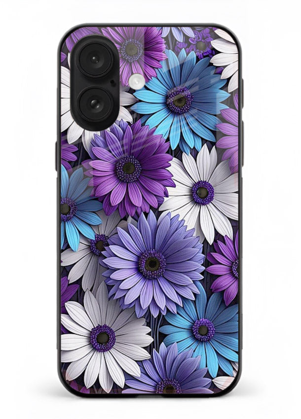 Violet daisy artwork on iphone 18 glass back cover with cool gentle floral tones.