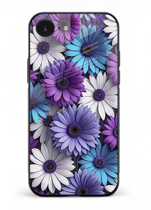 Violet daisy artwork on iphone 16e glass back cover with cool gentle floral tones.