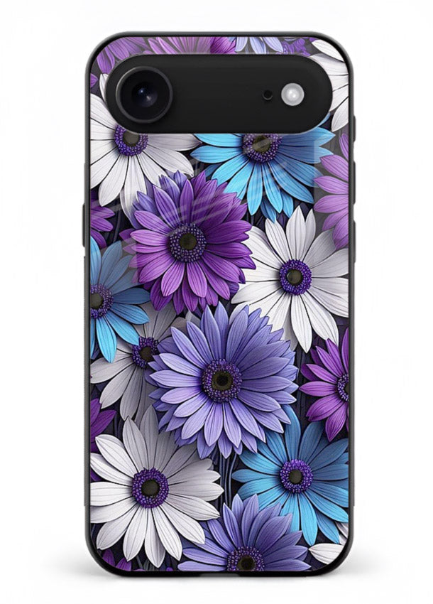 Violet daisy artwork on iphone 18 air glass back cover with cool gentle floral tones.