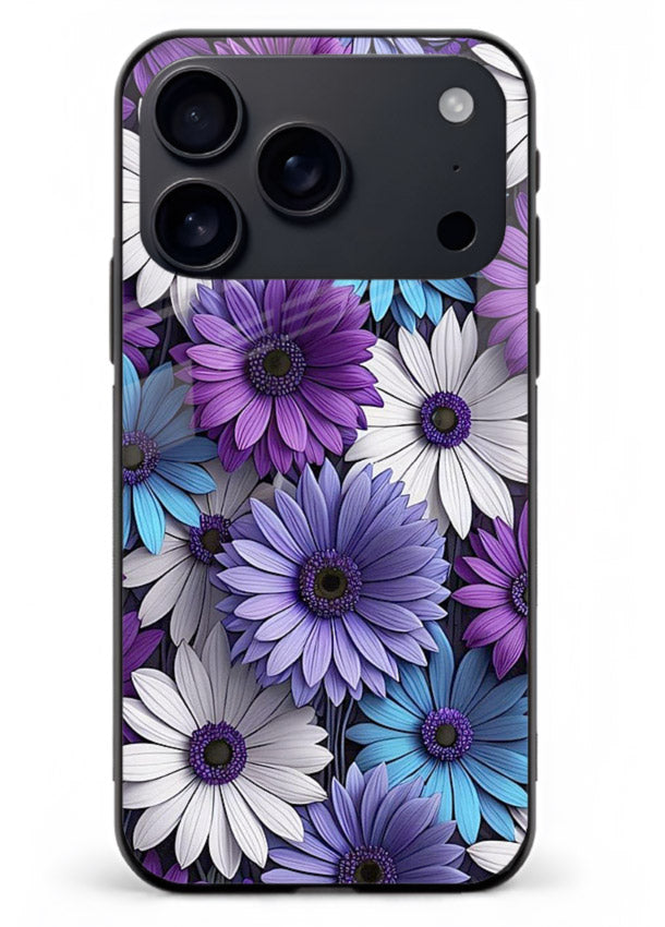 Violet daisy artwork on iphone 17 pro max glass back cover with cool gentle floral tones.