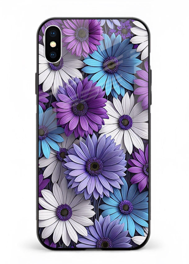 Violet daisy artwork on iphone xs max glass back cover with cool gentle floral tones.