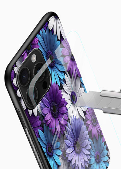 Violet daisy artwork on glossy vibrant premium glass back cover with cool gentle floral tones. - Angle Blade