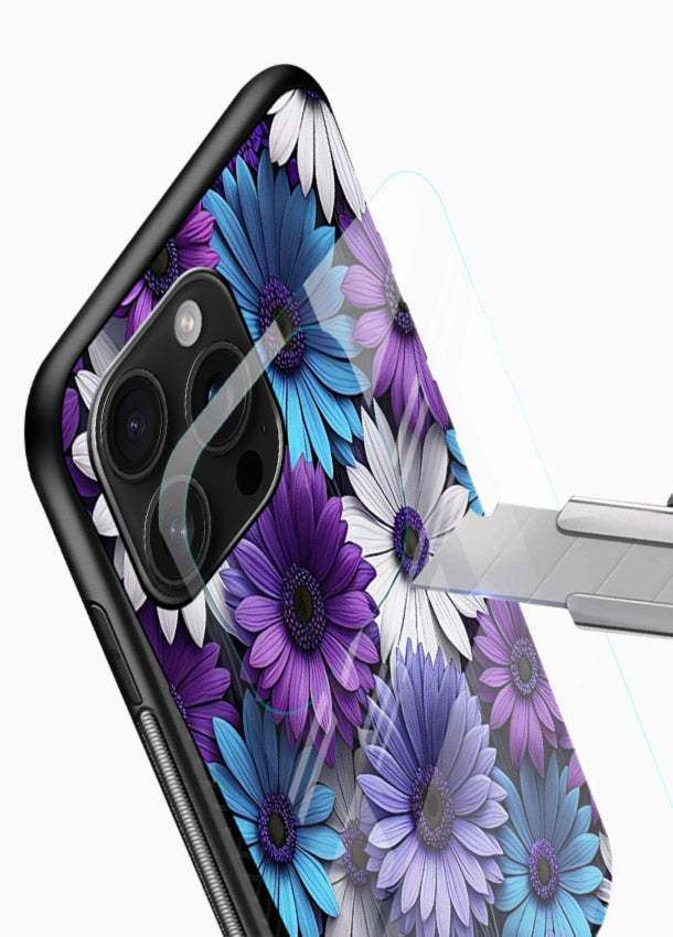Violet daisy artwork on glossy vibrant premium glass back cover with cool gentle floral tones. - Angle Blade