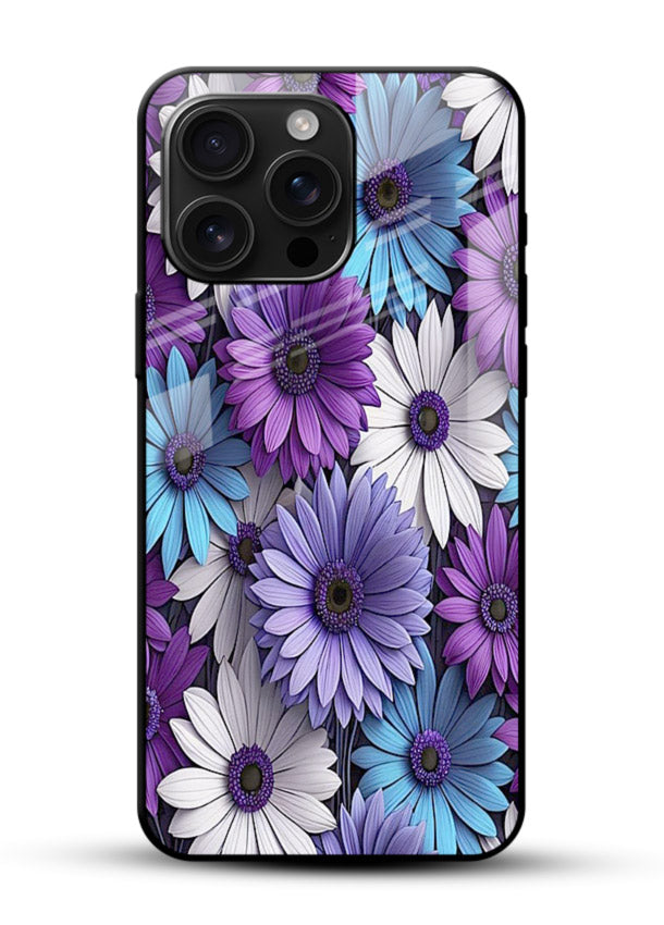 Violet daisy artwork on glossy vibrant premium glass back cover with cool gentle floral tones. - Angle Front
