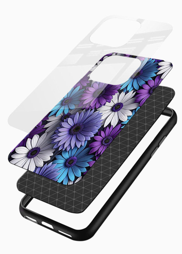 Violet daisy artwork on glossy vibrant premium glass back cover with cool gentle floral tones. - Angle Layers