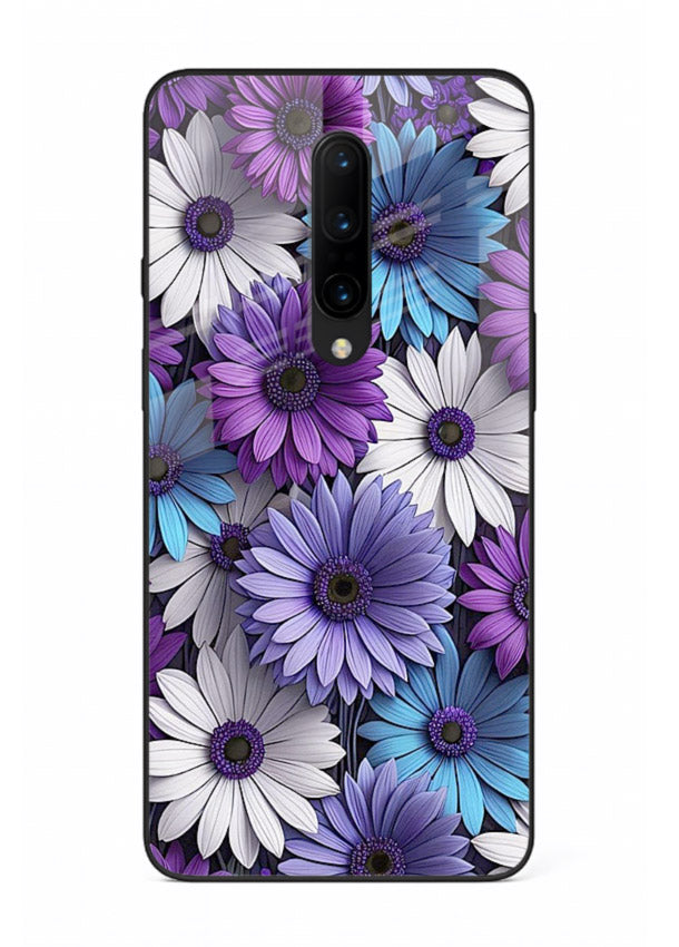 Violet daisy artwork on OnePlus 8 glass back cover with cool gentle floral tones.